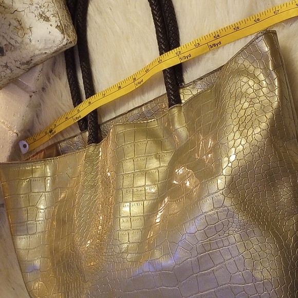 Large Saks Fifth Avenue Tote. Croc embossed. Brass tone. Braided brown straps. - Picture 6 of 11